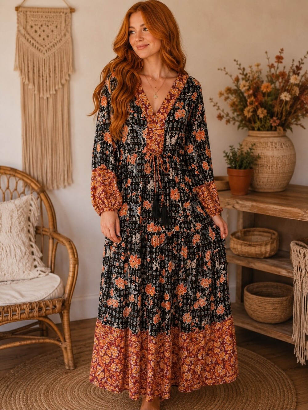 Avenue Black Maxi Dress with Orange Floral Print